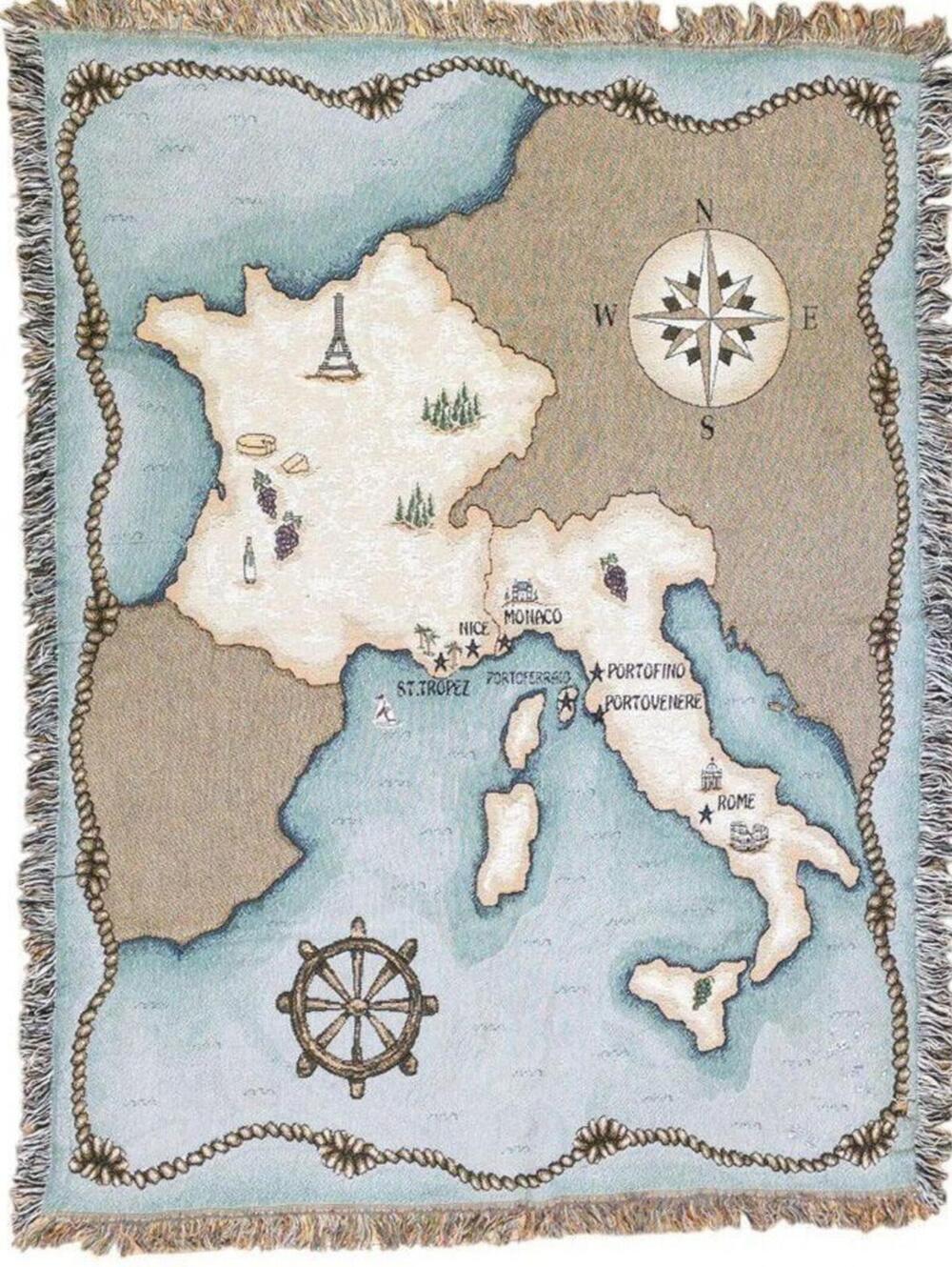 Vintage Woven Map Tapestry Throw Blanket France Italy Mediterranean 50x64 Fringe